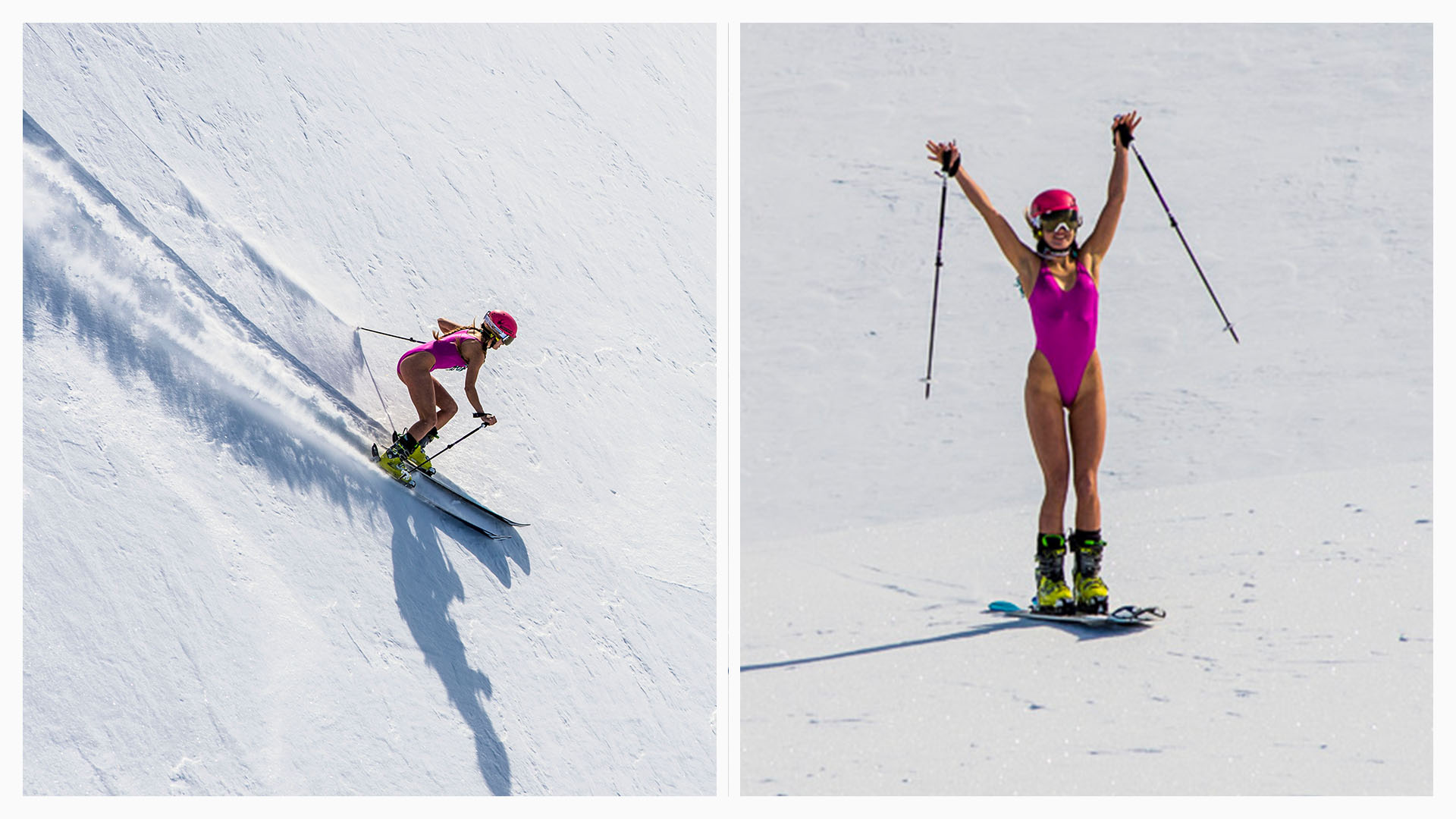 Sierra Quitiquit skis in Iceland in pink bathing suit